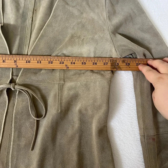 ANJA FLINT Leather Suede Size L Duster Cardigan Tie Up Khaki Neutral Lagenlook - Picture 8 of 13